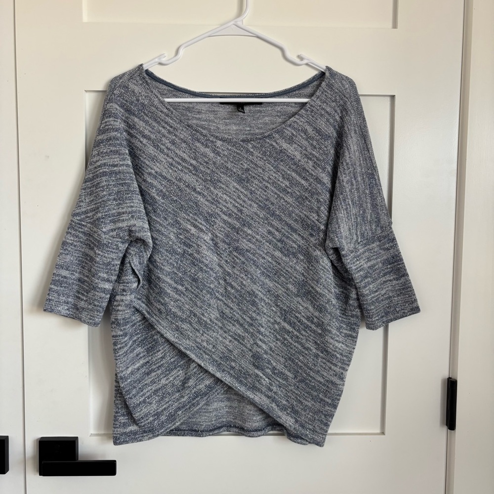 White House Black Market Light Blue Asymmetrical Wrap Front Metallic Knit Top